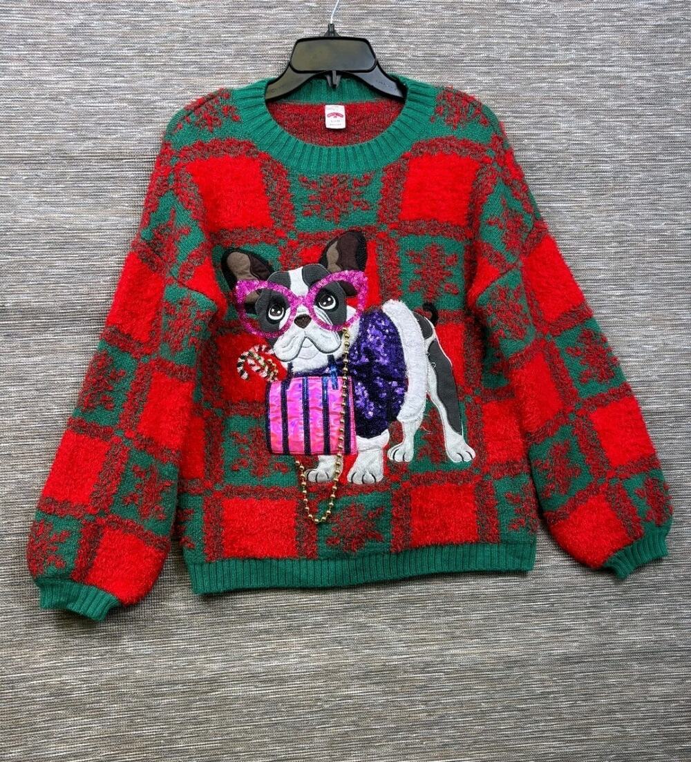Holiday Time Ugly Sweater French Bulldog Christmas Sweater Size S ( 4-6 ) Red